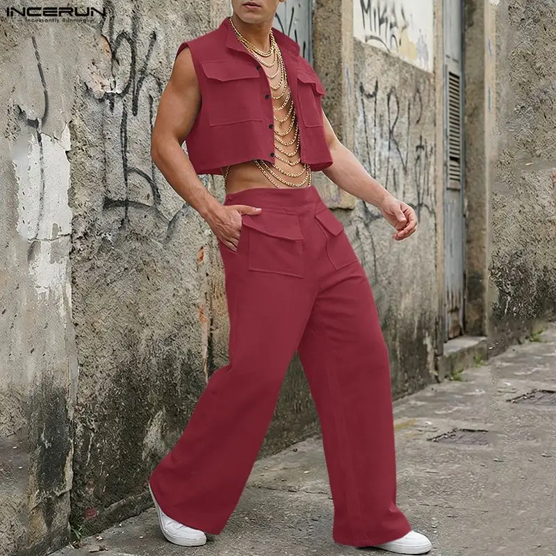 Street Fashion Clothes - INCERUN Men Sets Solid Sleeveless Crop
